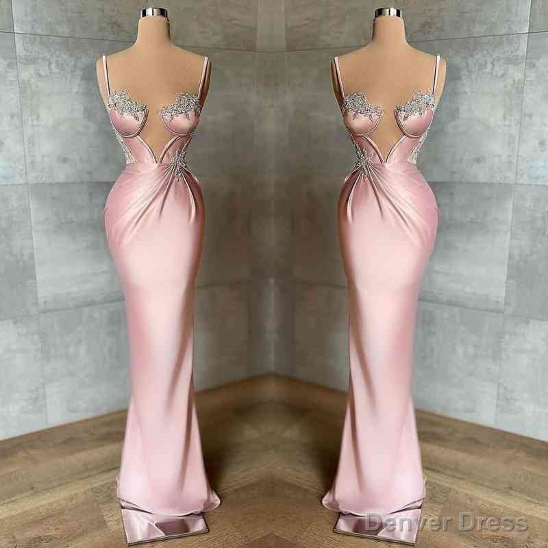 Pink Spaghetti Straps Mermaid Prom Dresses Sleeveless With Appliques