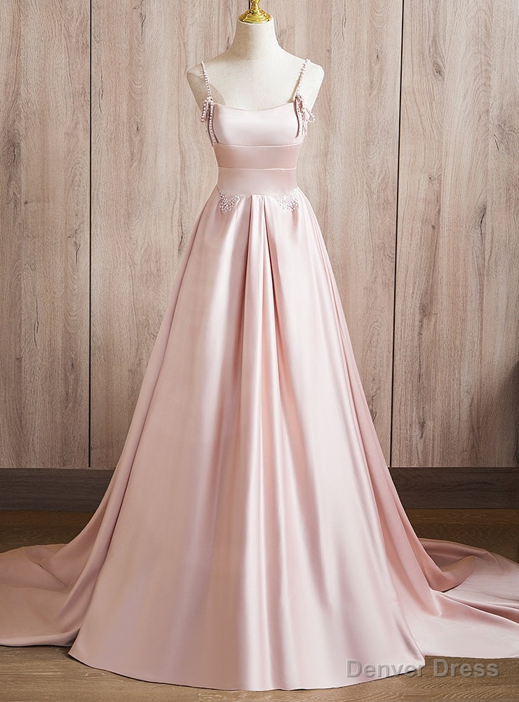 Pink Spaghetti Straps Pearls Prom Dresses Main image