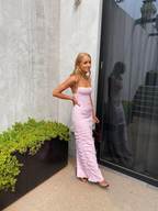 Pink Spaghetti Straps Pleated Long Prom Dress Wedding Guest Dresses