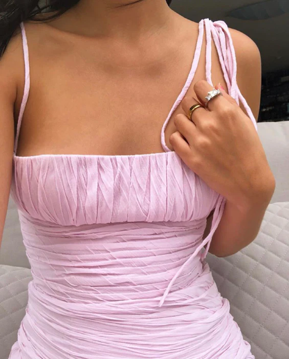 Pink Spaghetti Straps Pleated Long Prom Dress Wedding Guest Dresses