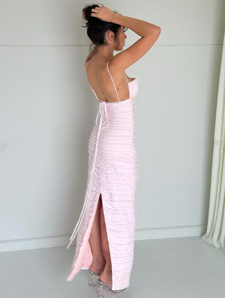 Pink Spaghetti Straps Pleated Long Prom Dress Wedding Guest Dresses