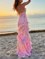 Pink Spaghetti Straps Backless Ruffles Long Prom Dresses