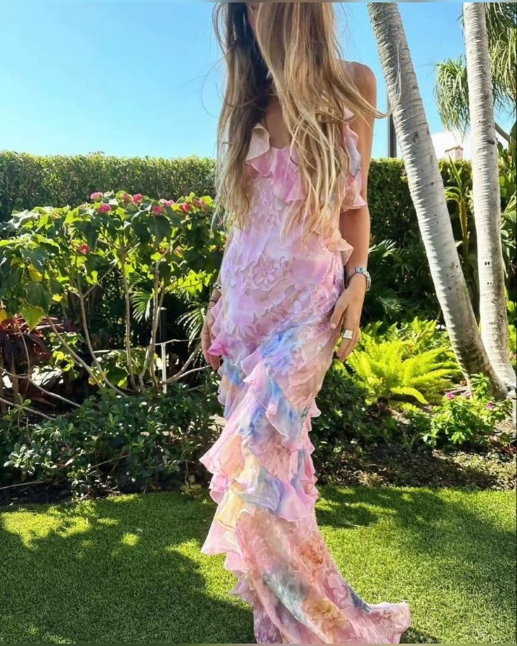 Pink Spaghetti Straps Backless Ruffles Long Prom Dresses