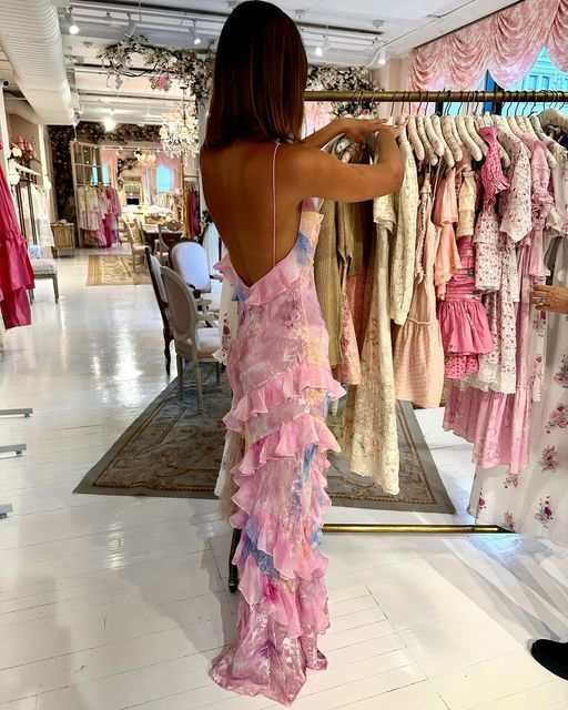 Pink Spaghetti Straps Backless Ruffles Long Prom Dresses