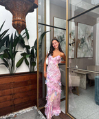 Pink Spaghetti Straps Backless Ruffles Long Prom Dresses