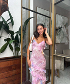 Pink Spaghetti Straps Backless Ruffles Long Prom Dresses