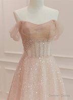 Pink Sparkle Tulle with Beadings Long A Line Prom Dress, Pink Tulle Sweetheart Prom Dresses