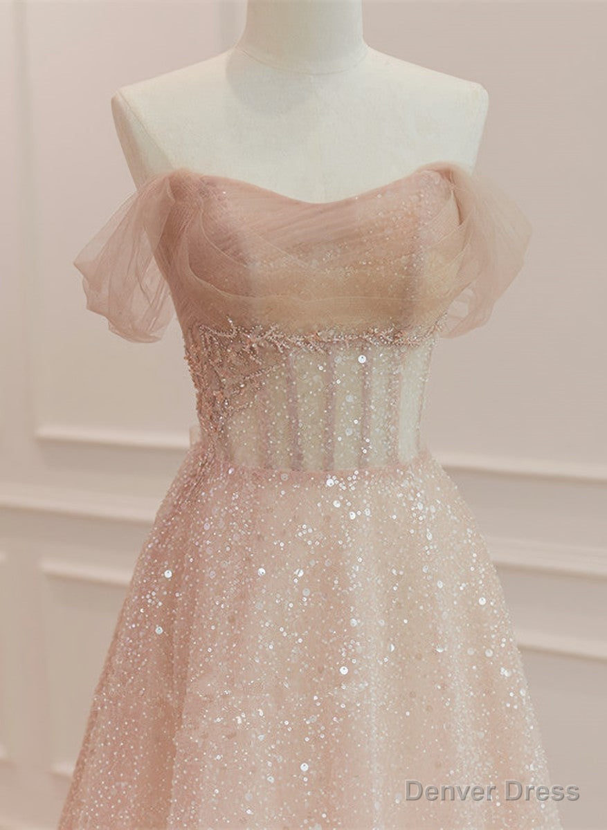 Pink Sparkle Tulle with Beadings Long A Line Prom Dress, Pink Tulle Sweetheart Prom Dresses