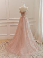 Pink Sparkle Tulle with Beadings Long A Line Prom Dress, Pink Tulle Sweetheart Prom Dresses