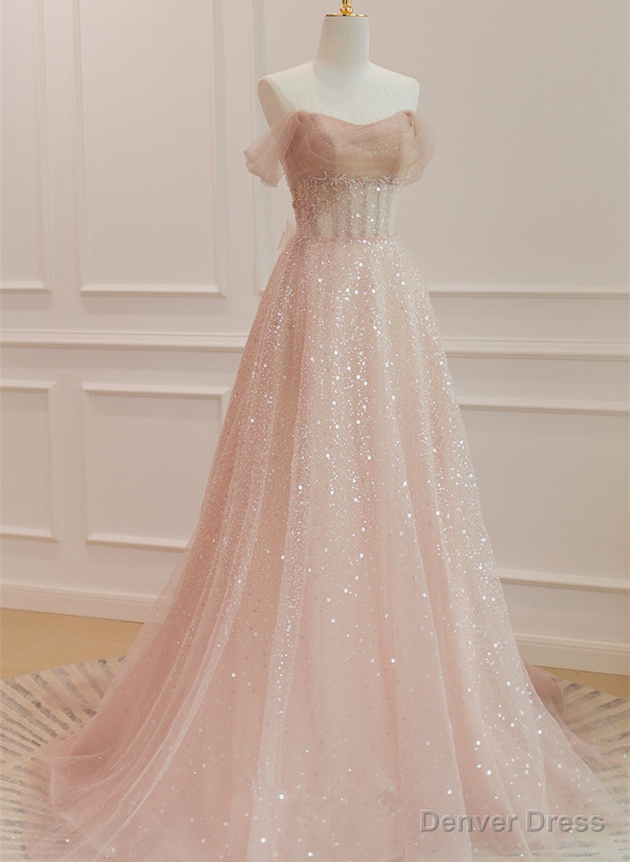 Pink Sparkle Tulle with Beadings Long A Line Prom Dress, Pink Tulle Sweetheart Prom Dresses