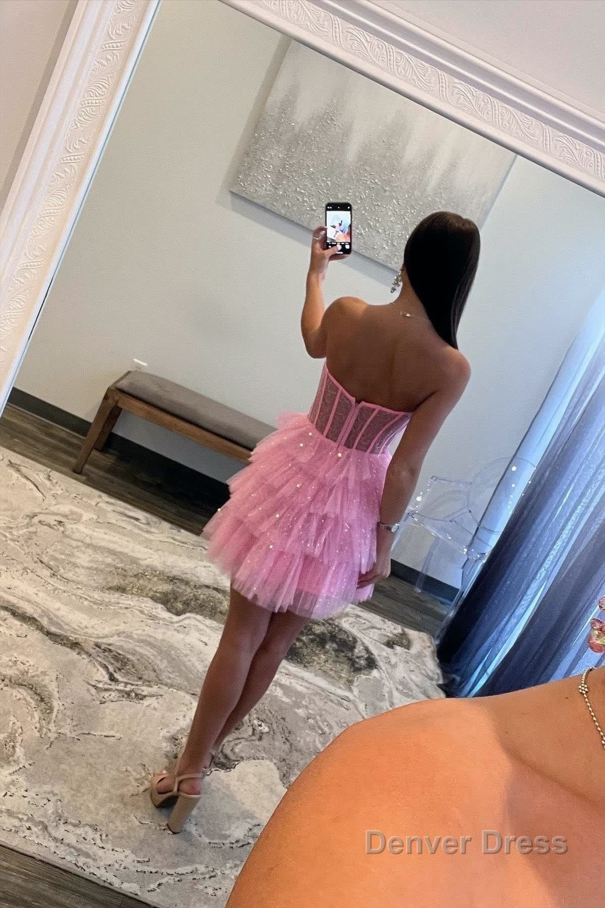 Pink Sparkly Strapless Multi Layers Tulle Homecoming Dresses