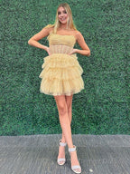 Pink Sparkly Strapless Multi Layers Tulle Homecoming Dresses