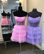 Pink Sparkly Strapless Multi Layers Tulle Homecoming Dresses