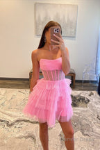 Pink Sparkly Strapless Multi Layers Tulle Homecoming Dresses