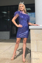Pink Sparkly Tight Sequins Homecoming Dresses with Feathers