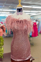 Pink Sparkly Tight Sequins Homecoming Dresses with Feathers
