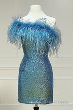 Pink Sparkly Tight Sequins Homecoming Dresses with Feathers