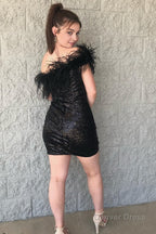 Pink Sparkly Tight Sequins Homecoming Dresses with Feathers