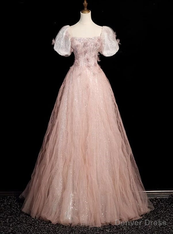 Pink Square Neck Tulle Sequins Puff Sleeve Beading Prom Dresses
