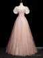 Pink Square Neck Tulle Sequins Puff Sleeve Beading Prom Dresses