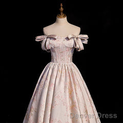Pink Statin Off Shoulder Floral Long Party Dress, Pink Sweetheart Prom Dress Evening Dress