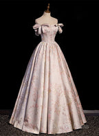 Pink Statin Off Shoulder Floral Long Party Dresses, Pink Sweetheart Prom Dresses Evening Dresses