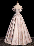 Pink Statin Off Shoulder Floral Long Party Dresses, Pink Sweetheart Prom Dresses Evening Dresses