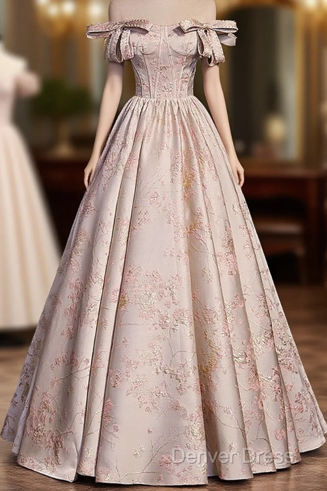 Pink Statin Off Shoulder Floral Long Party Dresses, Pink Sweetheart Prom Dresses Evening Dresses Main image