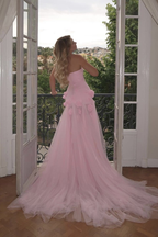 Elegant Pink Strapless 3D Flowers Tulle Mermaid Long Prom Dresses With Slit