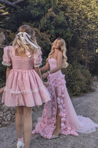 Elegant Pink Strapless 3D Flowers Tulle Mermaid Long Prom Dresses With Slit