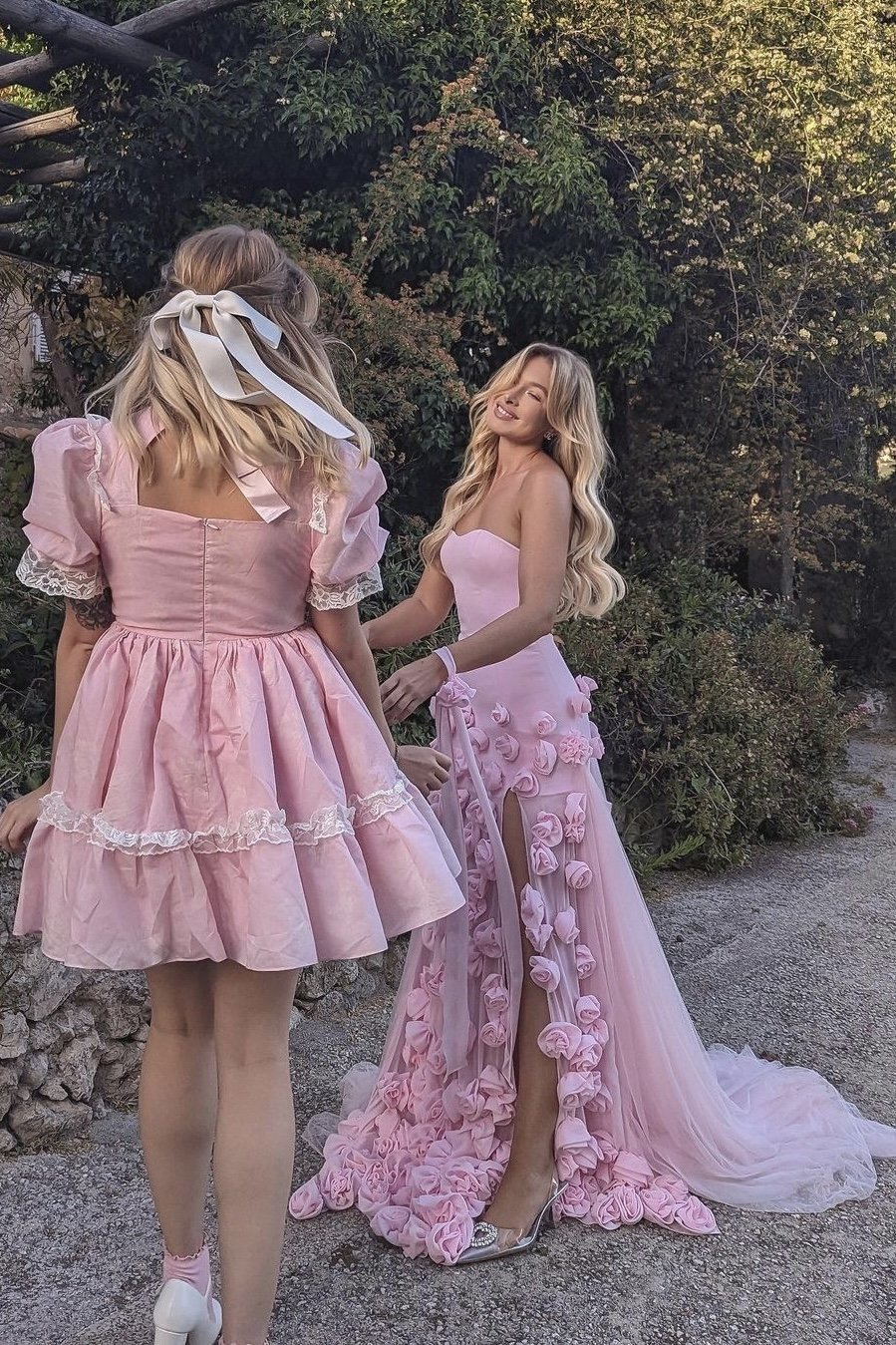 Elegant Pink Strapless 3D Flowers Tulle Mermaid Long Prom Dresses With Slit