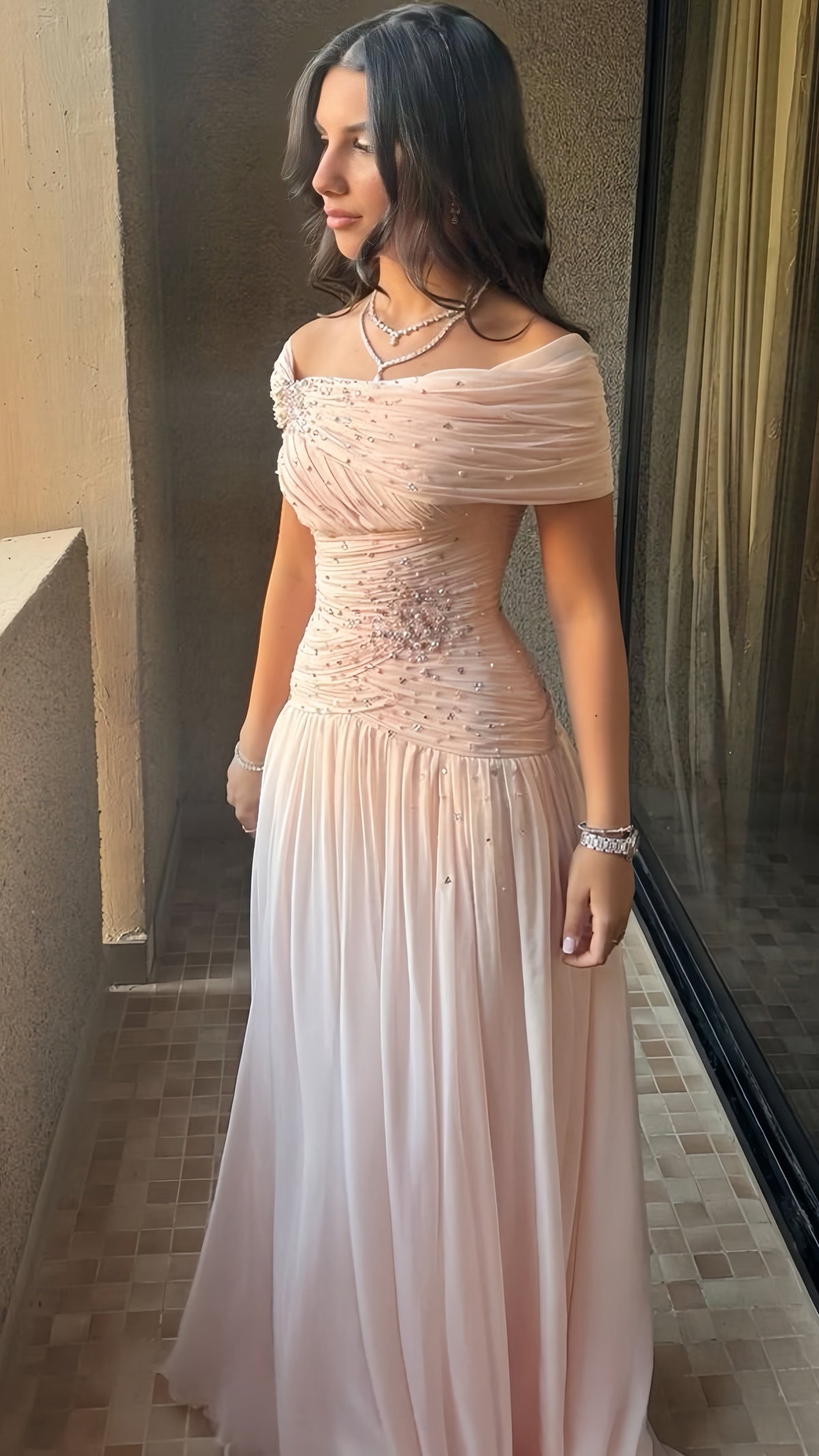 Off The Shoulder Pink Prom Dresses With Pearl Beaded Main image