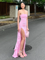Pink Strapless Lovely Ruffle Prom Dresses With Split