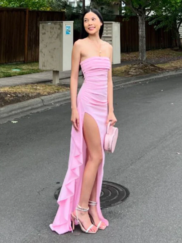 Pink Strapless Lovely Ruffle Prom Dresses With Split