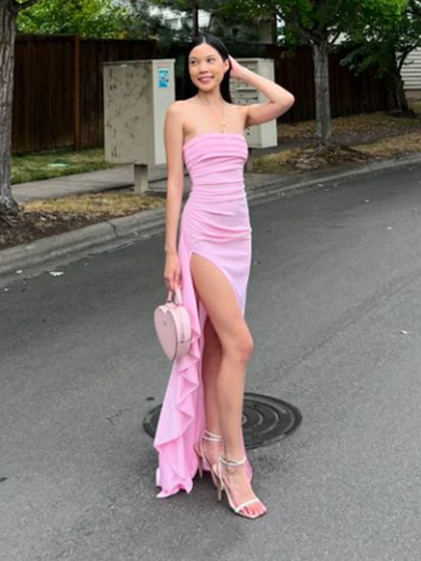 Pink Strapless Lovely Ruffle Prom Dresses With Split