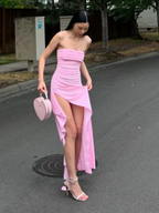 Pink Strapless Lovely Ruffle Prom Dresses With Split