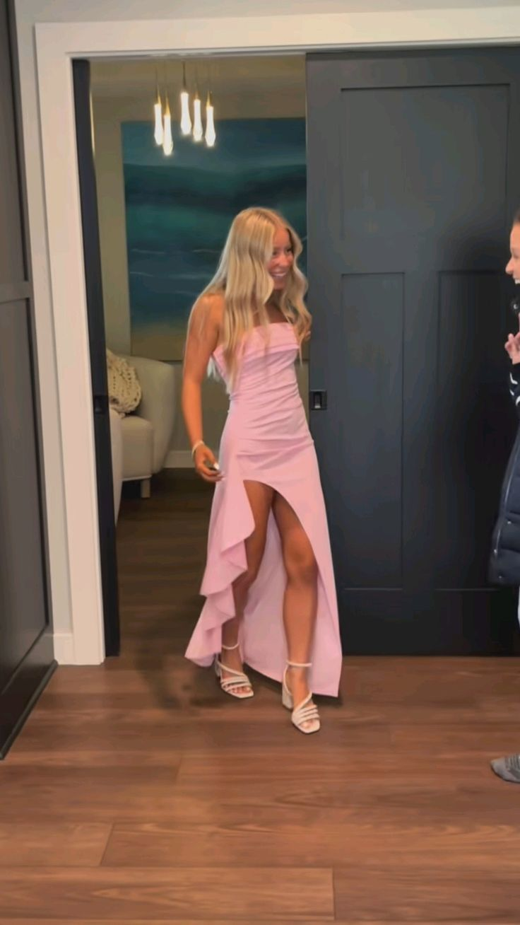 Pink Strapless Lovely Ruffle Prom Dresses With Split