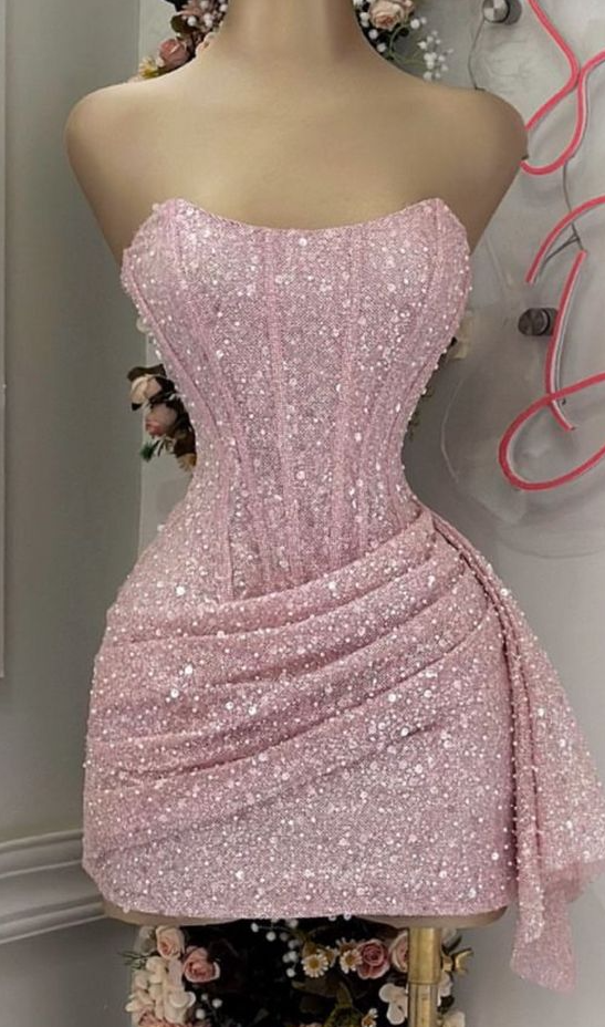 Pink Strapless Sequins Prom Dress Mini Homecoming Dresses Birthday Outfits