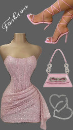 Pink Strapless Sequins Prom Dress Mini Homecoming Dresses Birthday Outfits