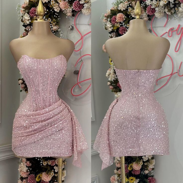 Pink Strapless Sequins Prom Dress Mini Homecoming Dresses Birthday Outfits Main image