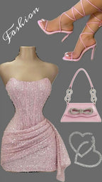 Pink Strapless Sequins Prom Dress Mini Hoco Dresses Birthday Outfits