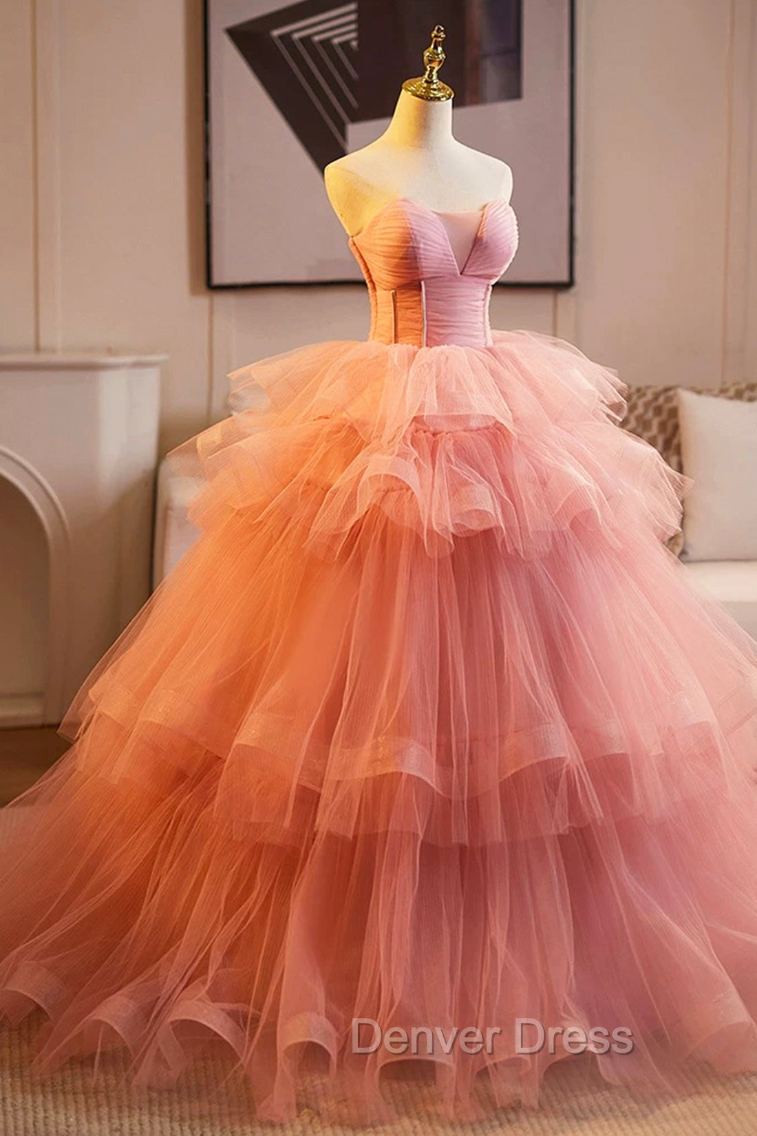Pink Strapless Tulle Layers Ruffles Long Prom Evening Dresses, Pink Sweet 16 Dresses
