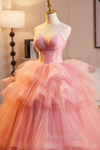 Pink Strapless Tulle Layers Ruffles Long Prom Evening Dresses, Pink Sweet 16 Dresses