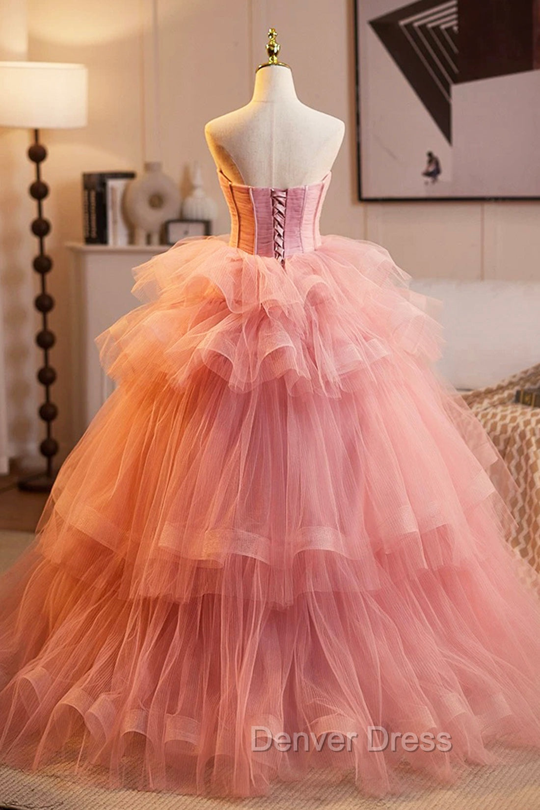 Pink Strapless Tulle Layers Ruffles Long Prom Evening Dresses, Pink Sweet 16 Dresses