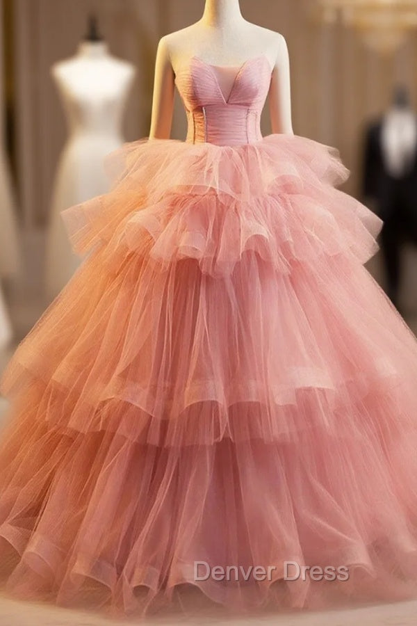 Pink Strapless Tulle Layers Ruffles Long Prom Evening Dresses, Pink Sweet 16 Dresses Main image