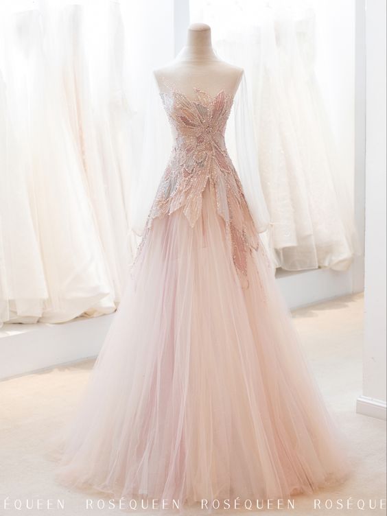 Pink StraplessTulle Ball Gowns Beaded Shiny Prom Dress Pink Sweet 16 Dresses