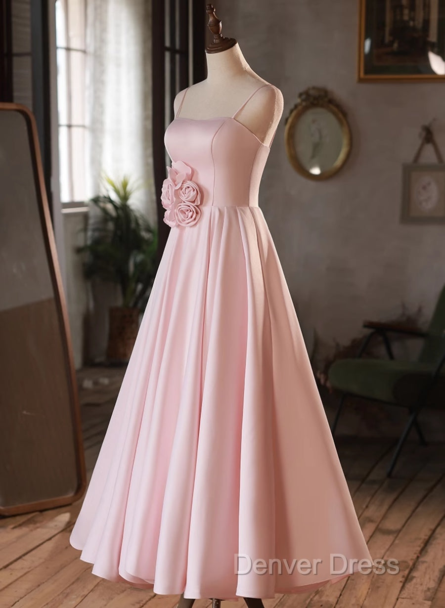 Pink Straps Sweetheart Long Satin Wedding Party Dresses, Pink Formal Dresses Prom Dresses Secondary image
