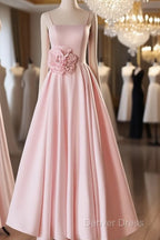 Pink Straps Sweetheart Long Satin Wedding Prom Dress, Pink Prom Dress