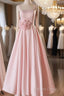 Pink Straps Sweetheart Long Satin Wedding Prom Dress, Pink Prom Dress