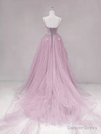 Pink Straps Tulle Chic Long Prom Dress Prom Dress, Pink A Line Prom Dresses